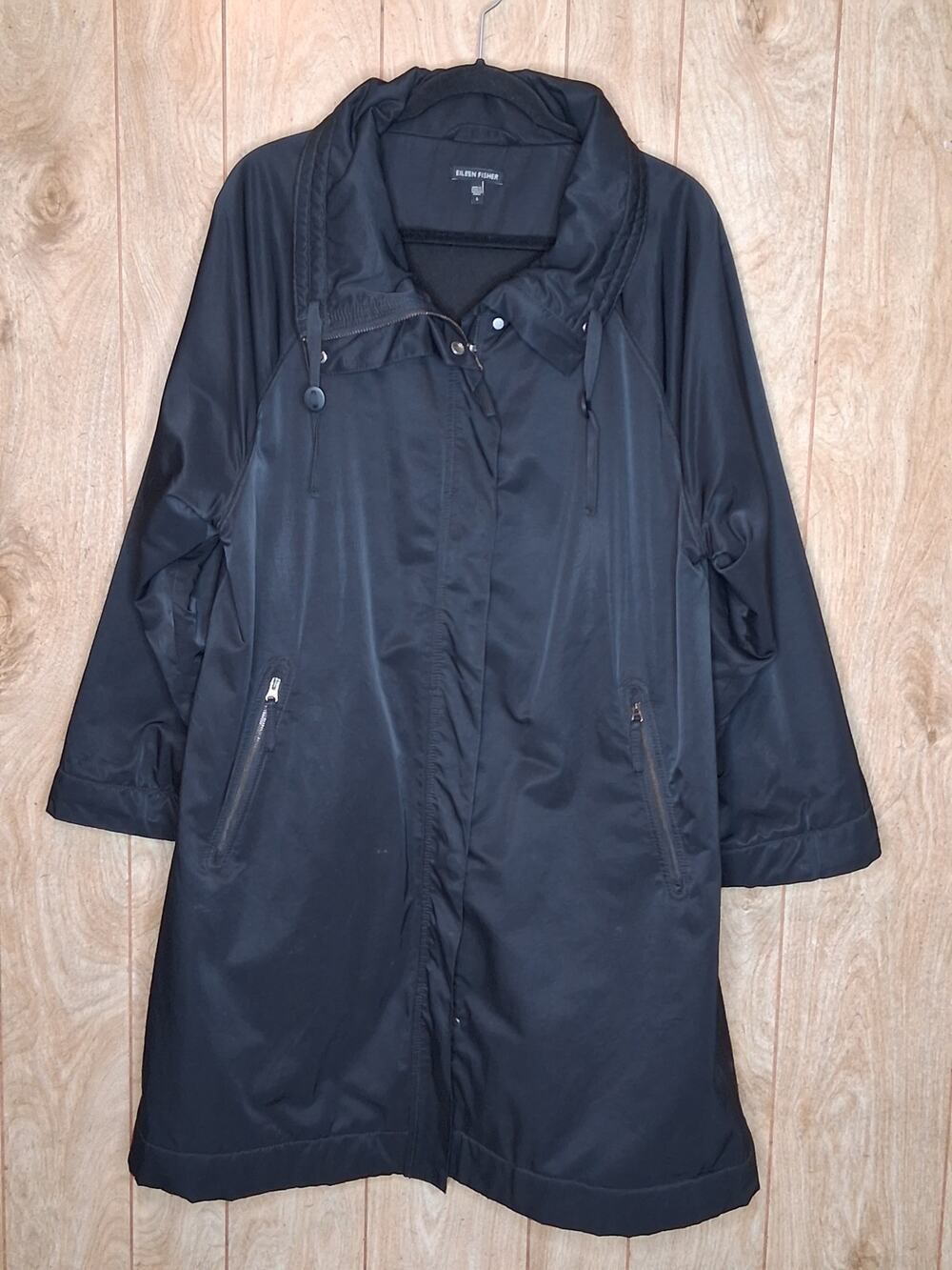 Eileen Fisher Nylon Black Stand-up Collar Outdoor Jacket Car Coat Size Large